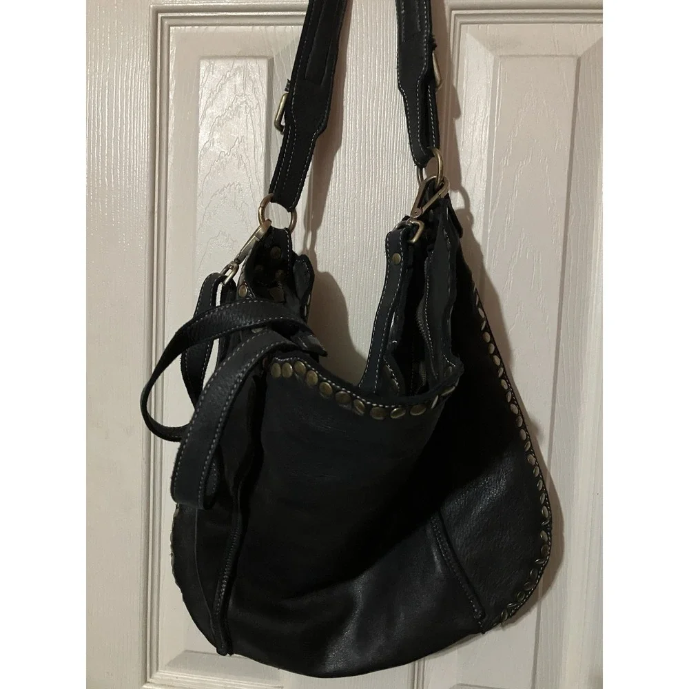 Bolsa Nova Anna Hobo Italian Black Washed Supple Leather Studded Shoulder Bag
